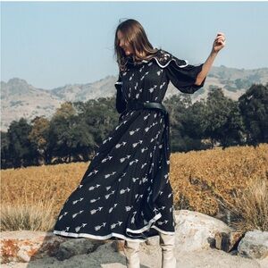 Self-Portrait Black Long Sleeve Midi Dress with White Print